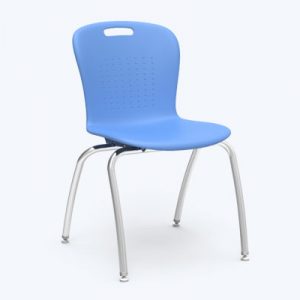 A blue chair with metal legs and handles.