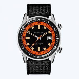 A black and orange watch with a black strap.