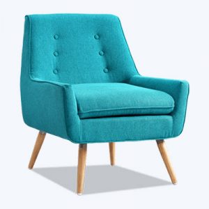 A blue chair with wooden legs and arms.