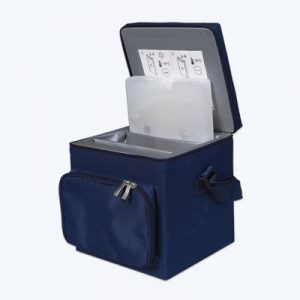 A blue cooler with a compartment for papers.