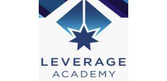 A blue and white logo for leverage academy